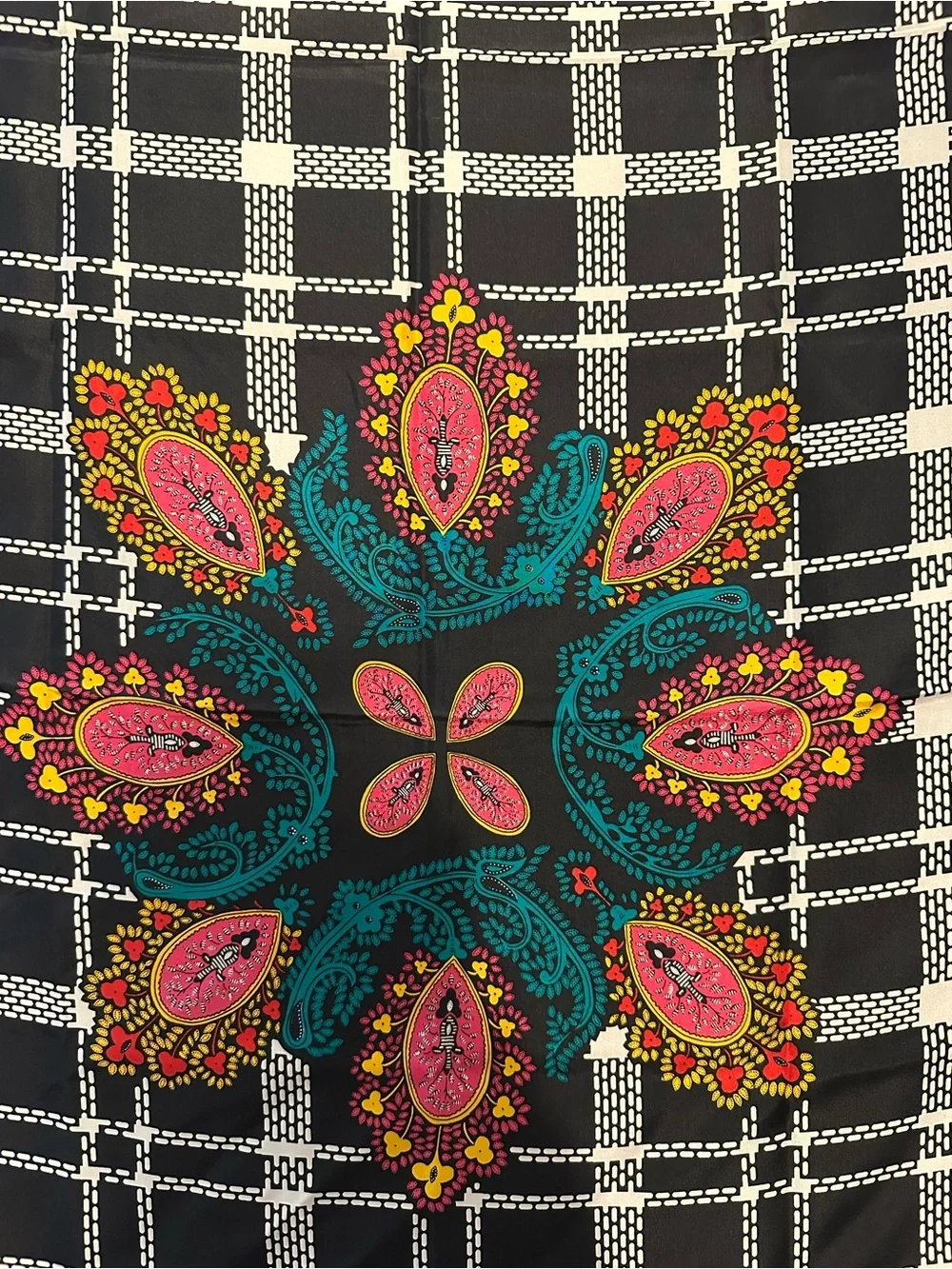 Vintage Diane Von Furstenberg Black Scarf with Teal, Pink & Yellow Paisley Plaid